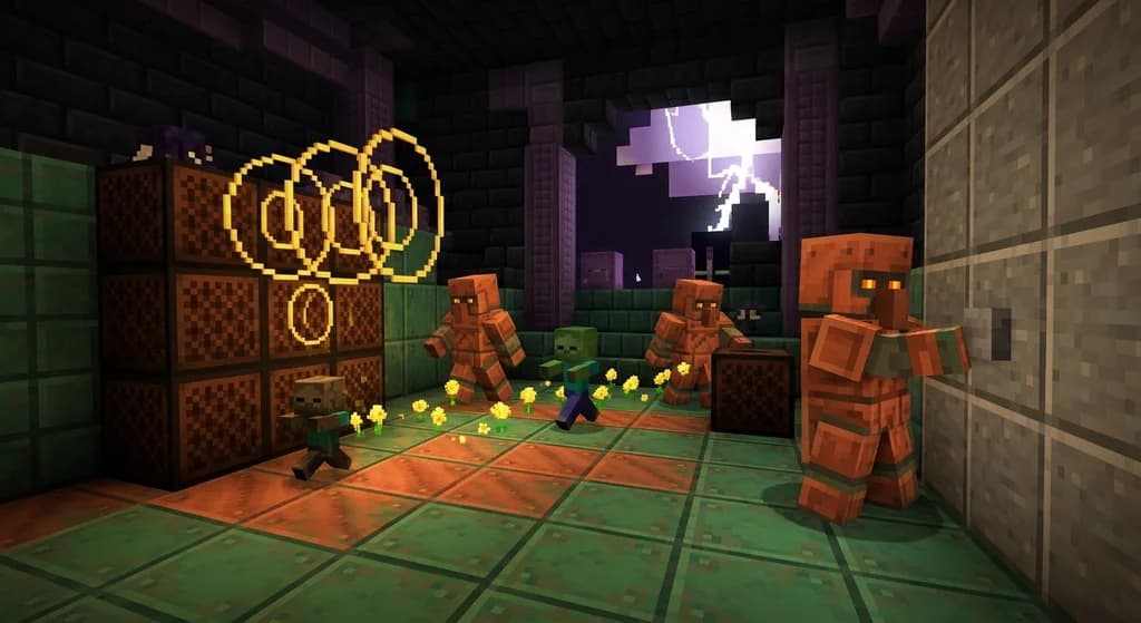 A Minecraft dungeon in The End dimension with oxidized copper floors, frozen baby mobs surrounded by golden dandelion particles, copper golems pressing buttons, and trumpet note blocks emitting golden sound rings under a flashing End skylight