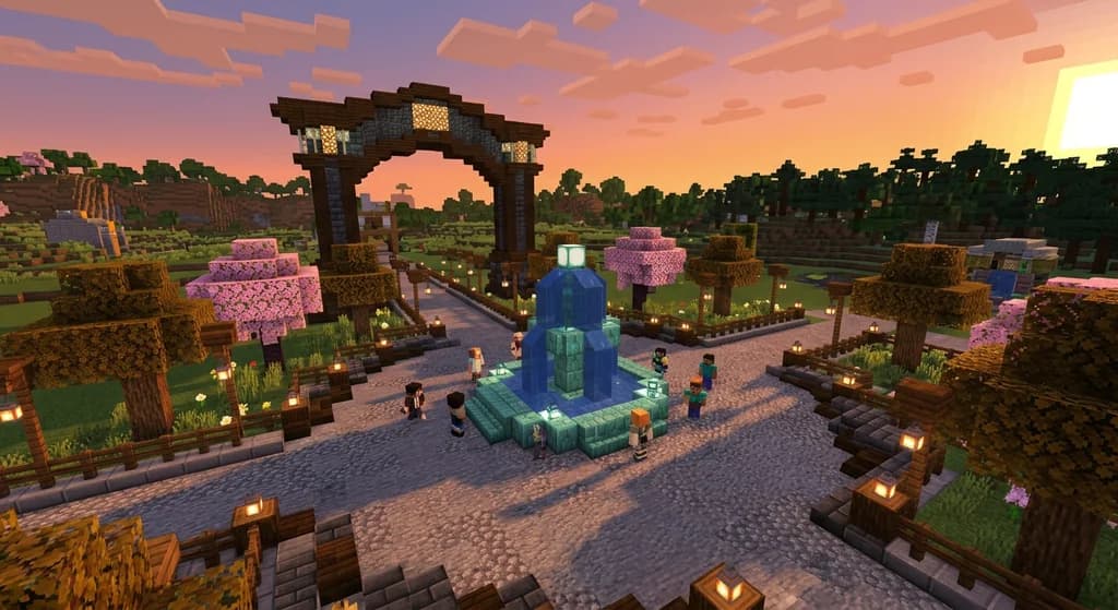 A grand Minecraft community server spawn hub built from deepslate and dark oak with players gathered around a prismarine fountain at sunset