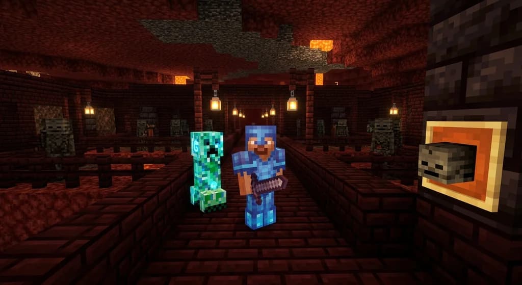 A player in a nether fortress near a wither skeleton head farm, with a charged creeper and caged wither skeletons.