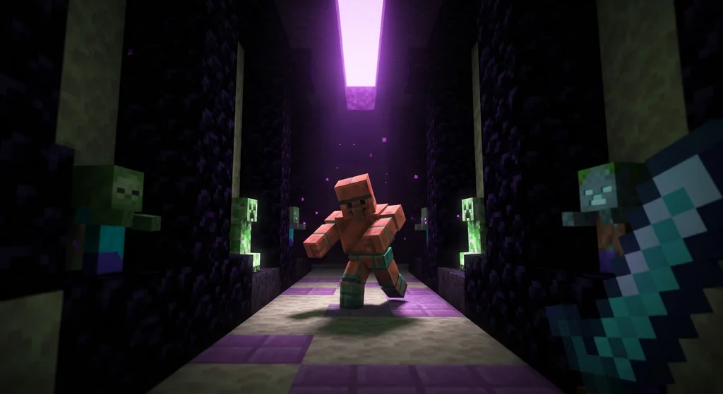 A Copper Golem Statue caught mid-movement by The End's flashing skylight inside a survival horror maze, with frozen baby mobs acting as tripwires along the corridor walls