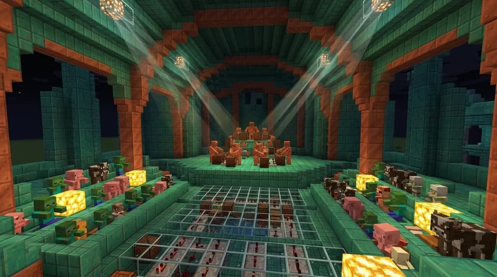 A Minecraft automated copper symphony hall featuring copper golems activating oxidized trumpet note blocks on stage while golden dandelion baby mobs watch from the audience seats