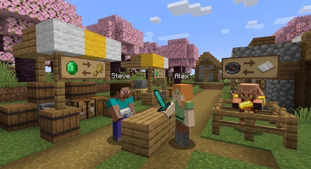 Two Minecraft players trading items at a wooden market stall, with a piglin in the background.