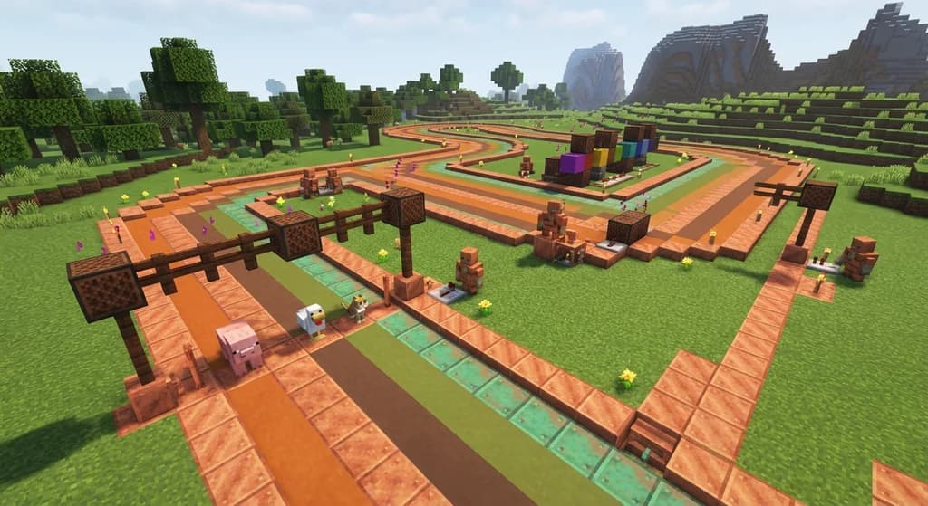 Minecraft copper golem baby mob racing circuit with golden dandelion age-locked racers at the starting line, oxidized copper note block lap timers, and automated gate mechanisms along a winding track
