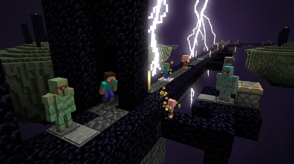 A Minecraft player crouching in shadow inside a flash-lit End dimension stealth course guarded by Copper Golems and tiny age-locked baby mob obstacles