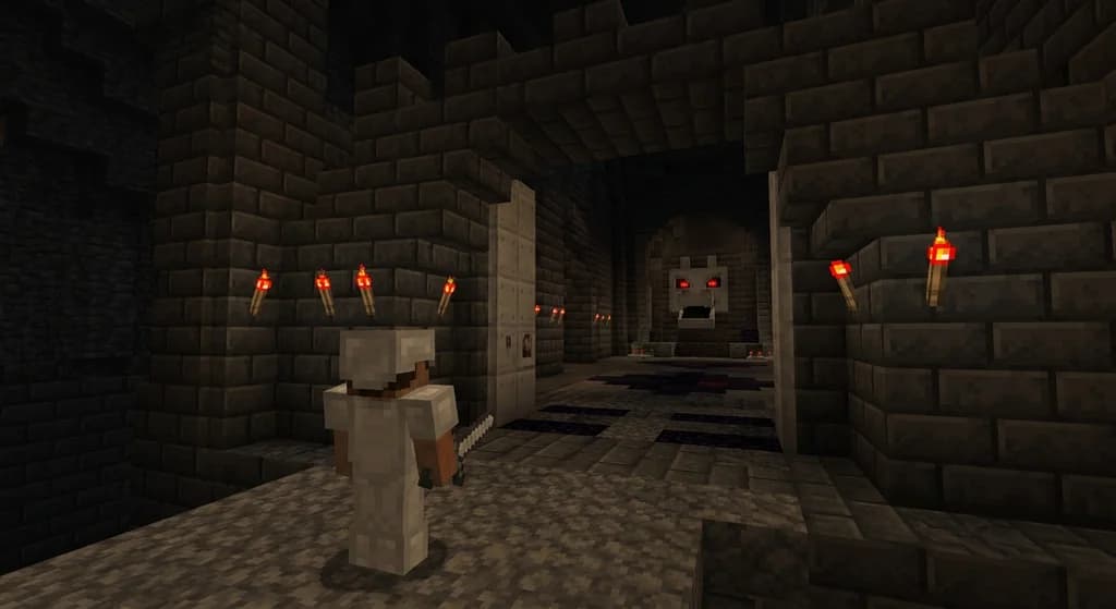 A Minecraft player entering a custom dungeon built for MMORPG servers, featuring deepslate architecture and a boss arena.