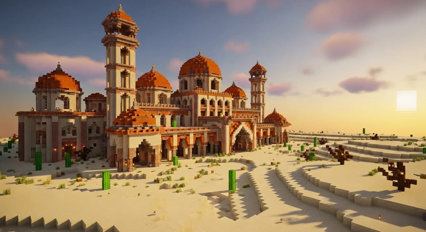A grand Minecraft desert palace built from smooth sandstone, chiseled sandstone, and orange terracotta with domed rooftops and arched doorways under a golden sunset sky
