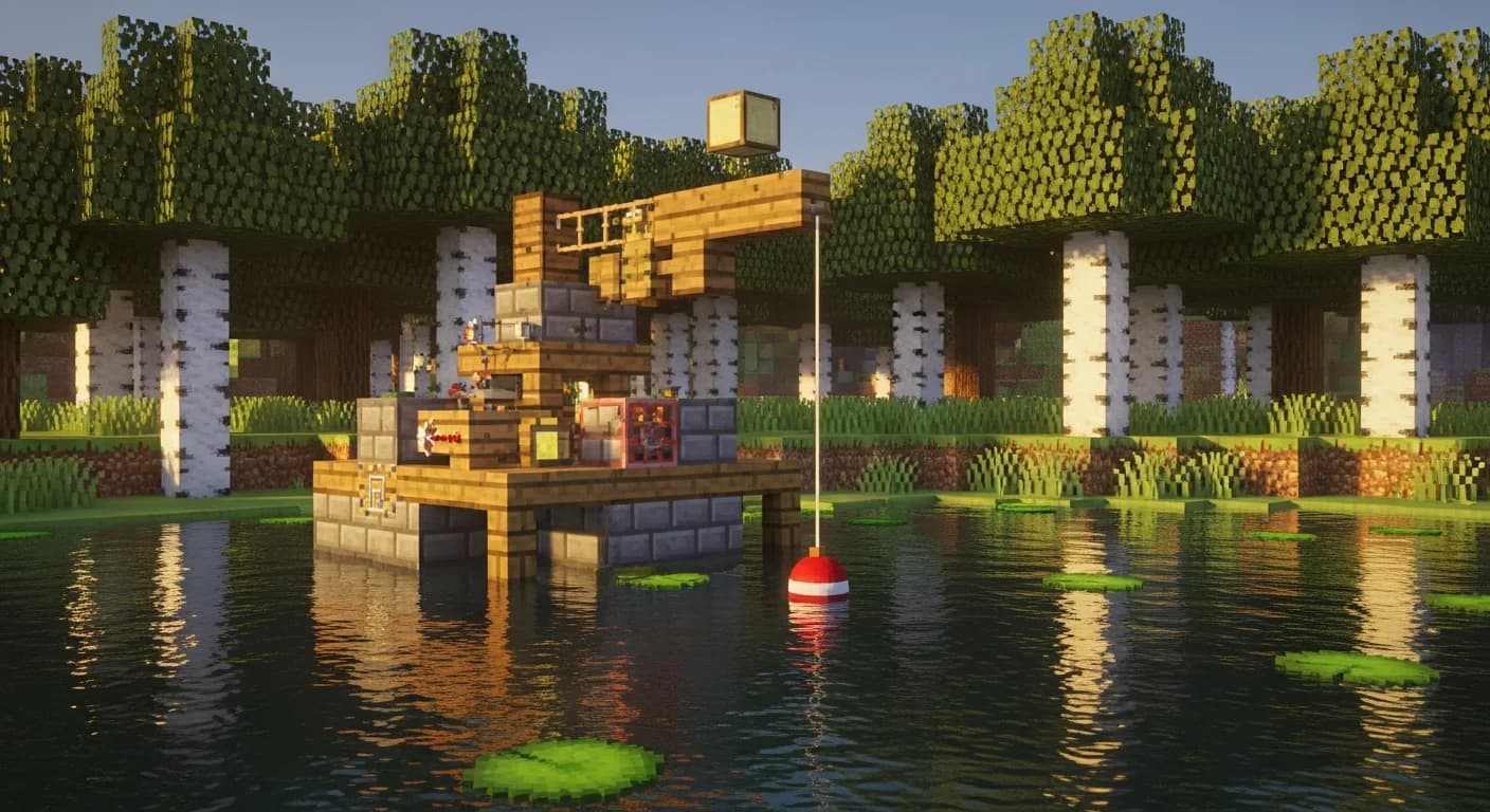 A Minecraft AFK fishing farm built from oak planks and stone bricks beside a calm lake, with a fishing rod bobber on the water and a redstone note block contraption visible nearby.
