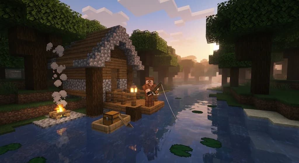 A wooden Minecraft fishing house on stilts over a river with a player fishing from the dock.