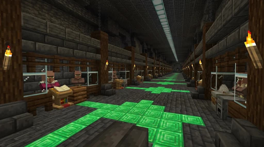 A large underground Minecraft trading hall built from polished deepslate and dark oak, rows of glass-fronted villager cells lit by sea lanterns, each containing a different job-site block.