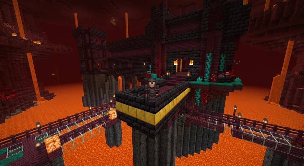 Minecraft Nether base built with blackstone and crimson blocks, overlooking a lava lake in a basalt delta biome.
