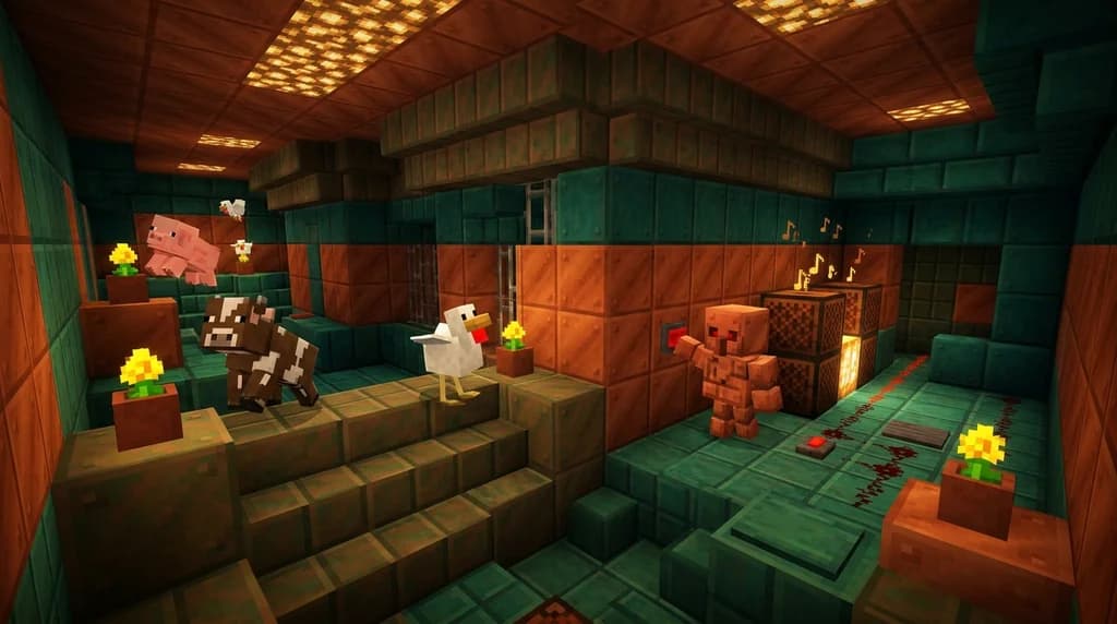 A Minecraft escape room built from oxidizing copper blocks at various stages, featuring Trumpet Note Blocks, a Copper Golem pressing randomized buttons, and baby mobs frozen by Golden Dandelions as audio puzzle cues