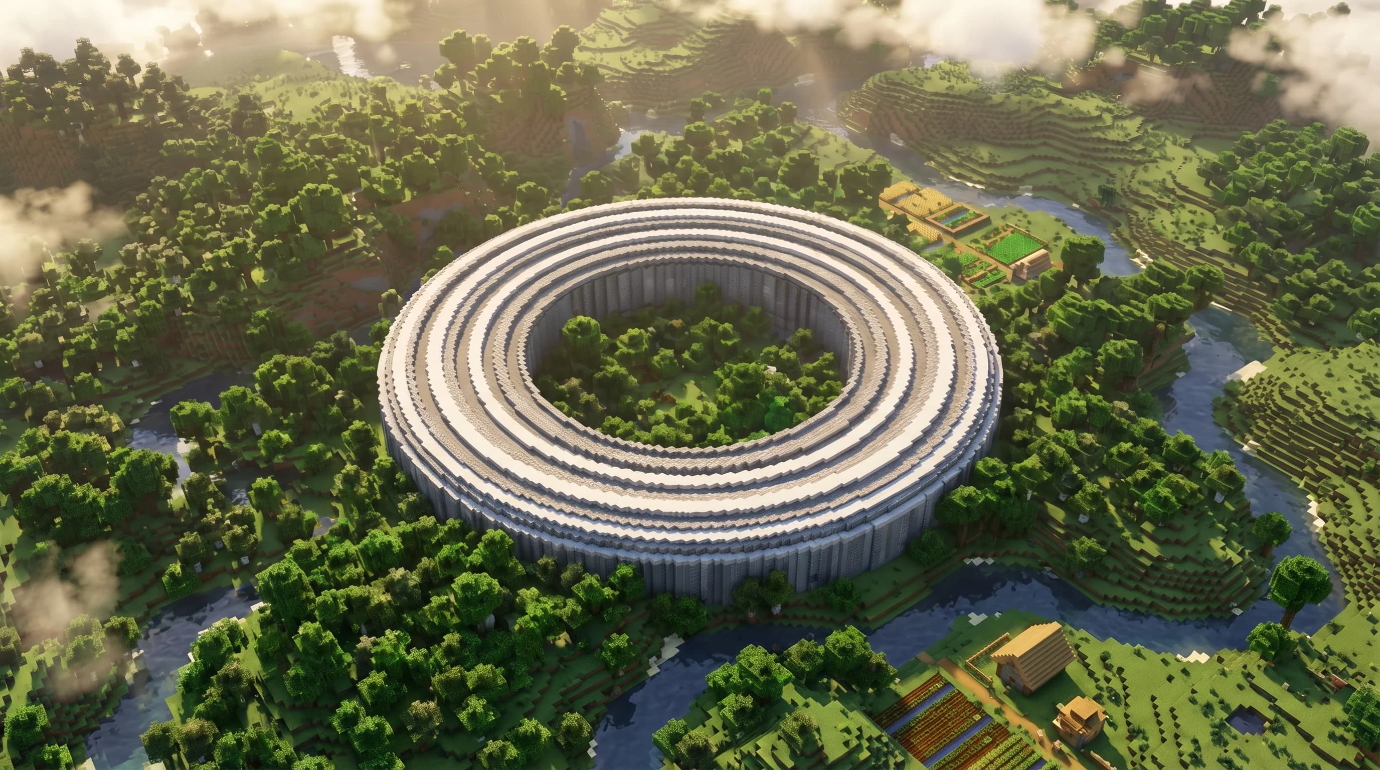 Overhead view of a large perfect circle build in Minecraft made of polished stone and quartz blocks surrounded by a green survival landscape