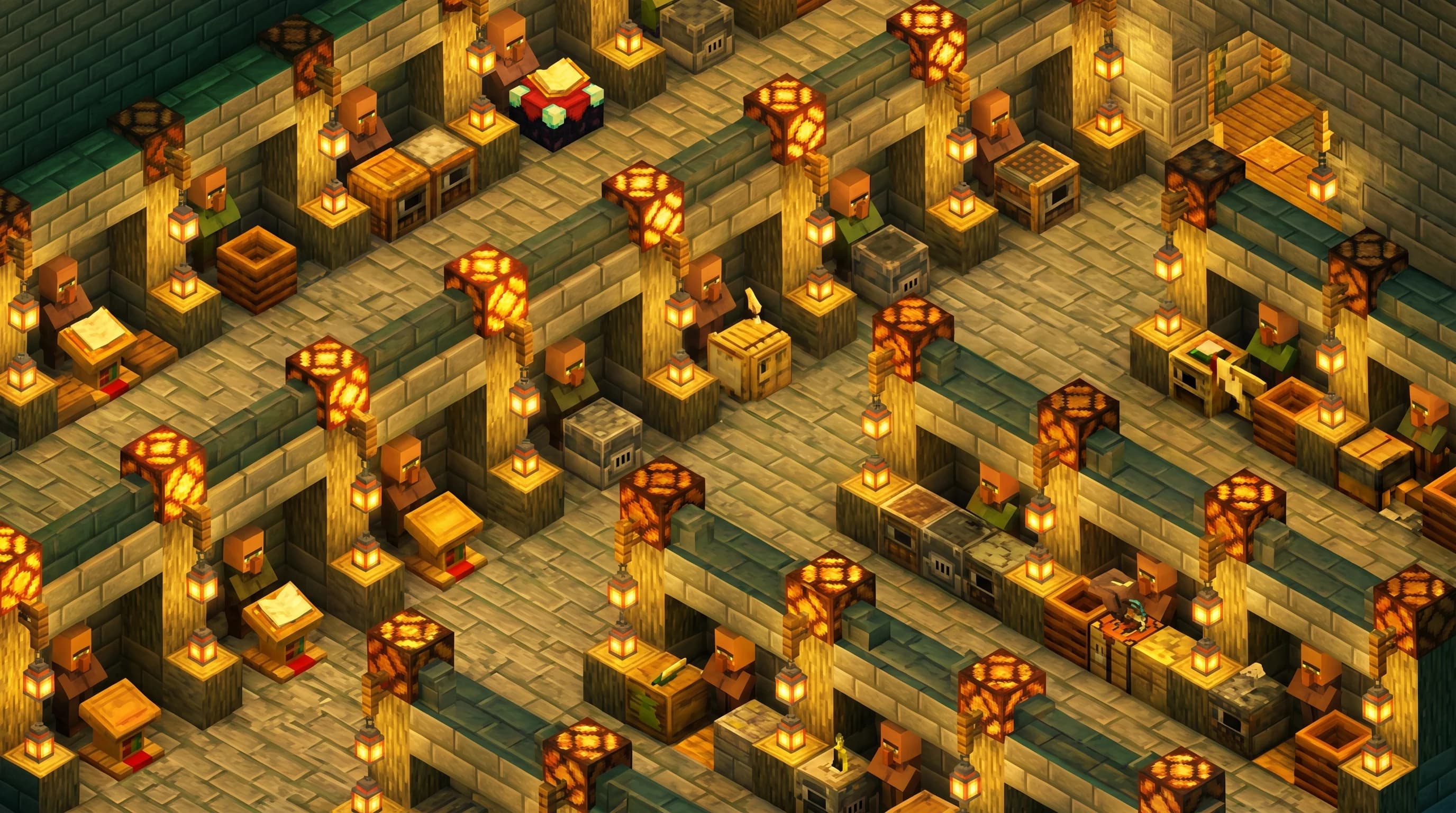 A large underground Minecraft trading hall with rows of villager cells, lantern lighting, and job site blocks visible through glass panes in each cell