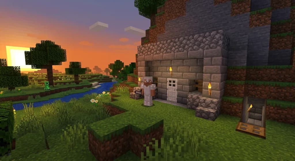 Fortified hardcore Minecraft safe house embedded in a mountain, with iron doors and torches.