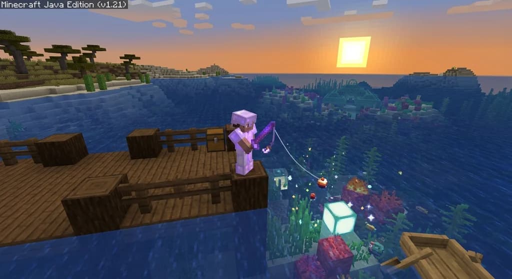 A Minecraft player standing on a wooden dock at golden hour, casting a glowing enchanted fishing rod over a deep ocean with sea lanterns glowing beneath the water and rare item particles rising from the waves.
