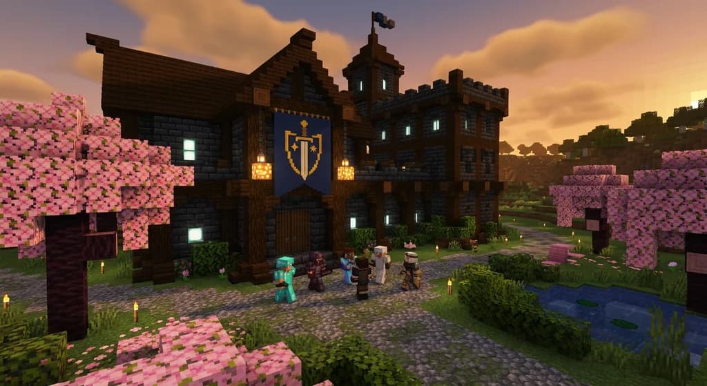 A grand Minecraft guild hall built from deepslate and dark oak with glowing lanterns and guild banners, players gathered at the entrance under golden hour lighting