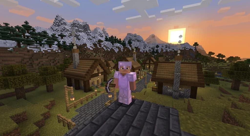 A Minecraft player in iron armor standing at the entrance of a deepslate and oak village with lantern streetlights and a vast mountain landscape visible in the background at high render distance.