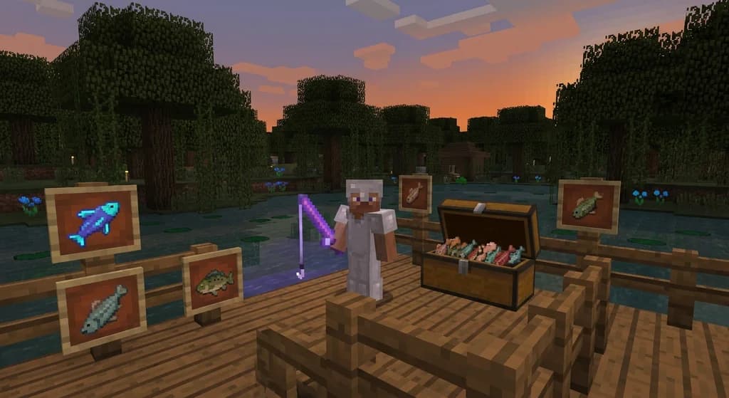 A Minecraft player fishing for custom fish on a swamp dock, surrounded by item frames showcasing rare custom fish species from Gaia Legends