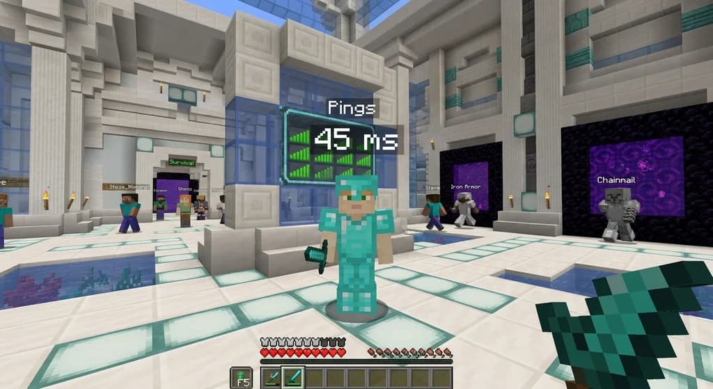 A Minecraft player in a server hub checking a holographic ping display with other players and portals visible.