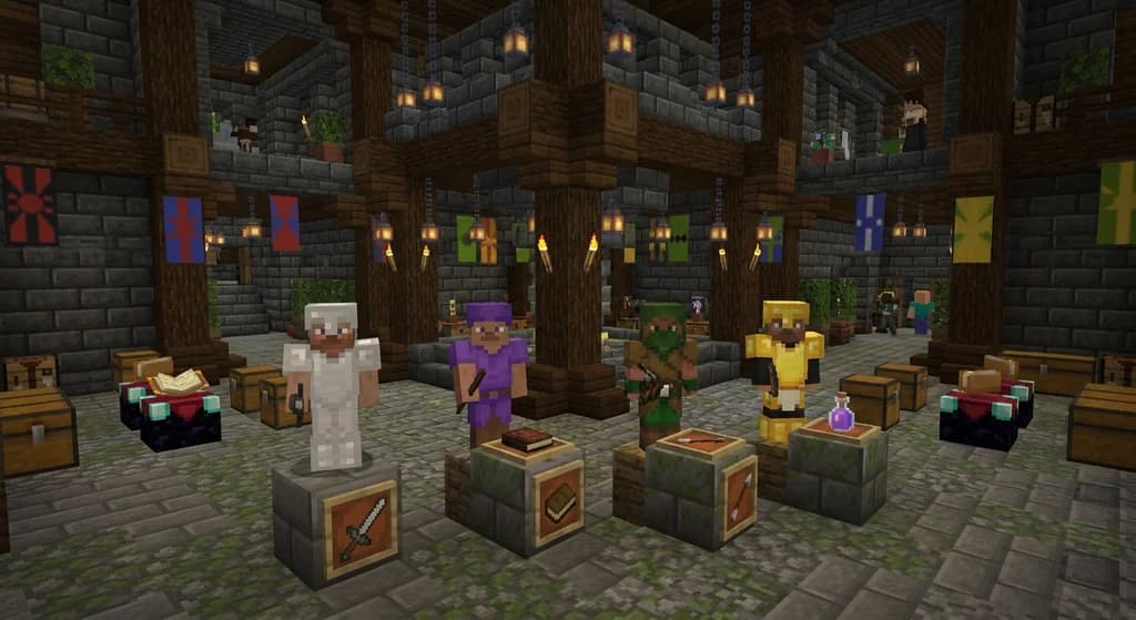 Four Minecraft MMORPG character class pedestals at a dark oak and deepslate RPG server spawn hub, showing a knight, mage, ranger, and cleric with glowstone lighting