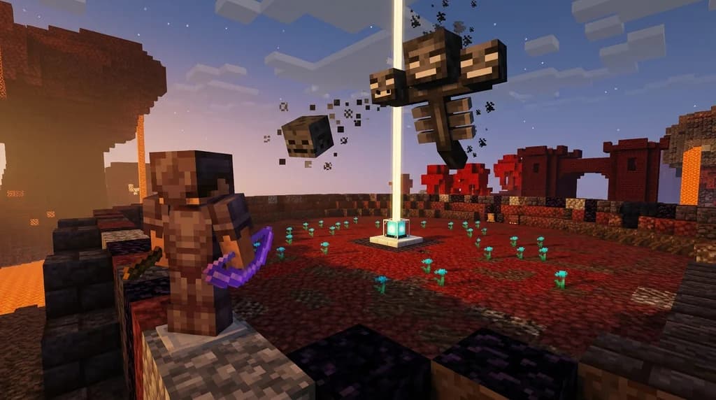 A Minecraft player choosing between a bow and crossbow during an epic Wither boss fight scene