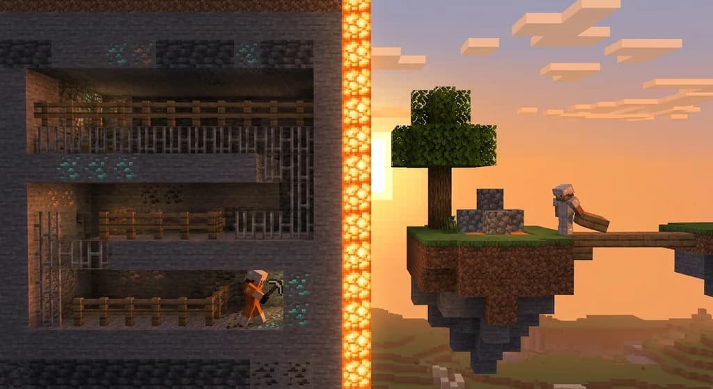 Minecraft prisoner in a mine on left vs skyblock player on a floating island on right, comparing gameplay modes