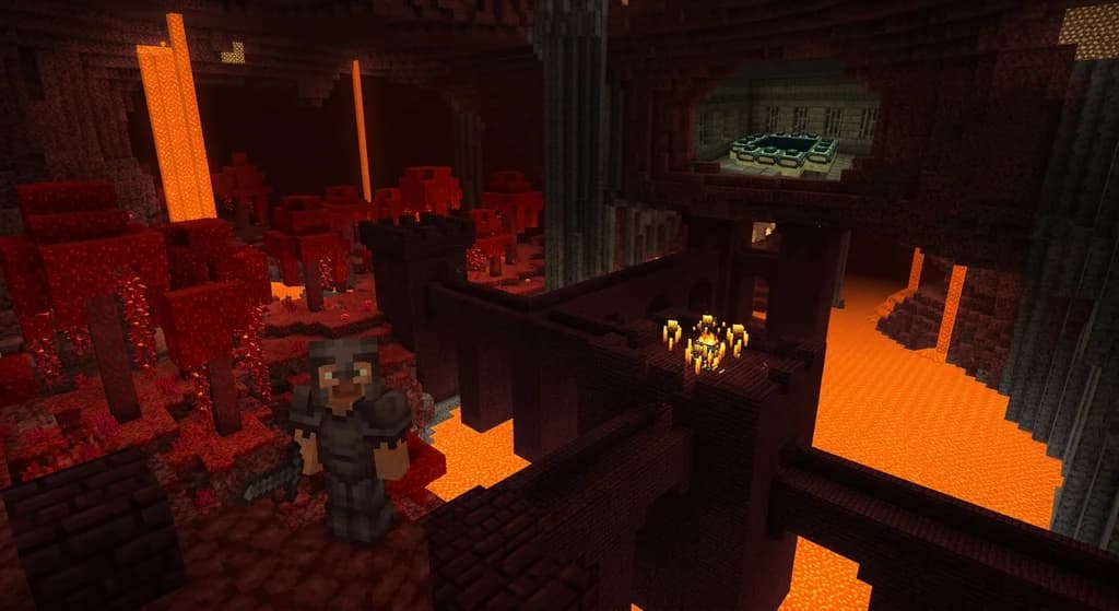 Minecraft player at a nether fortress with blaze spawners during a competitive MCSR Ranked speedrun attempt, lava and crimson forest in the background