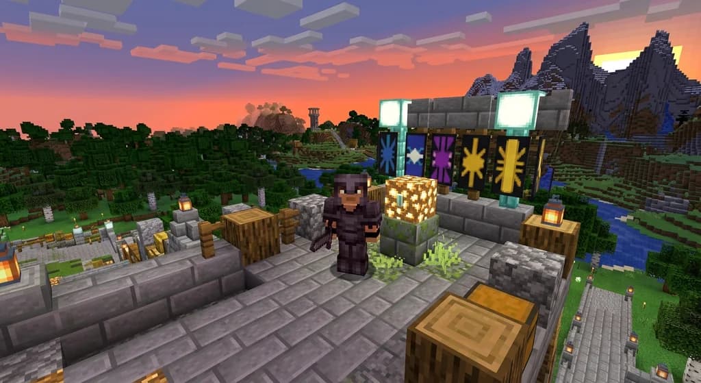A Minecraft player in netherite armor opening a glowing seasonal battle pass rewards chest on a server hub platform with sea lantern banners and a sunset SMP landscape behind them.