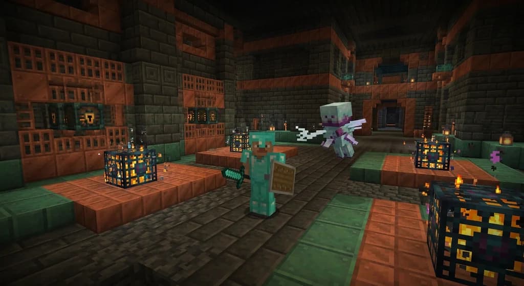 Player battling a breeze in a trial chamber with trial spawners and vaults.
