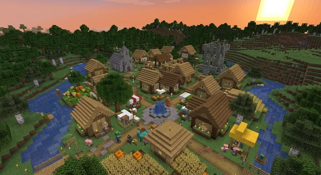 A Minecraft miniature RPG world featuring age-locked baby mob NPCs, oxidized Copper Golems, and Mannequin storytellers arranged in a tiny glowing medieval village at sunset