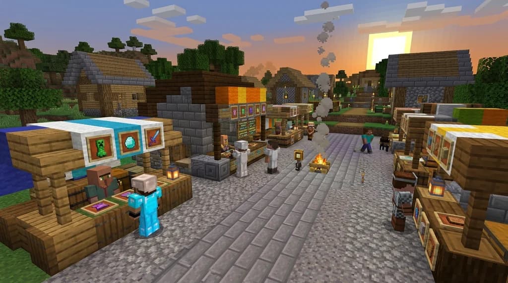 Minecraft trading card marketplace with players exchanging custom collectible cards in a medieval village.