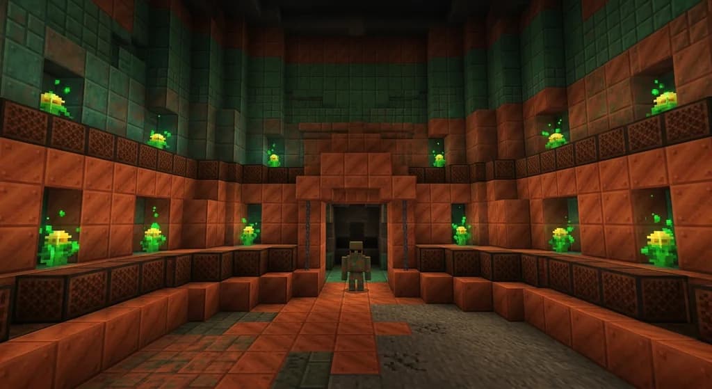 A Minecraft underground Sound-Locked Copper Vault with oxidized copper walls, glowing Trumpet Note Blocks, baby mobs frozen by Golden Dandelions in alcoves, and a Copper Golem standing guard at the entrance