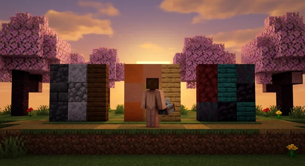 Minecraft player comparing three block palette sample walls in a scenic landscape at sunset with cherry blossoms.