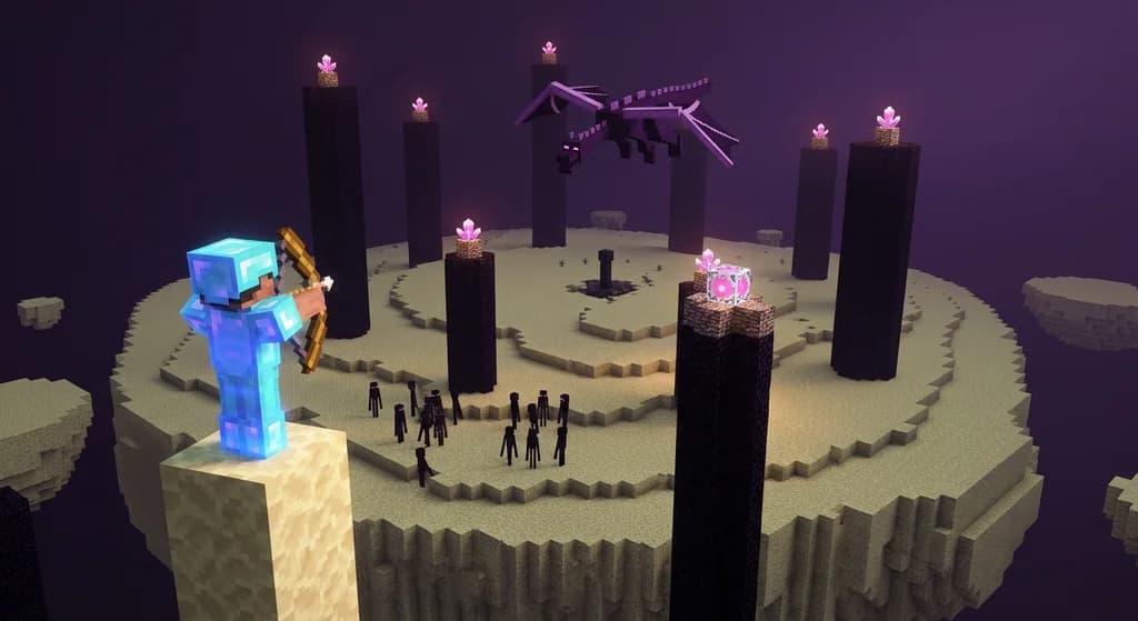 A player aiming a bow at the Ender Dragon from an End stone pillar in The End dimension.