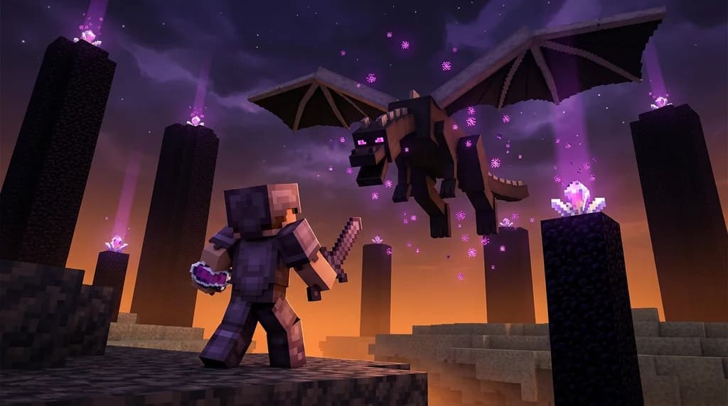 Player in netherite armor facing the Ender Dragon in the End dimension