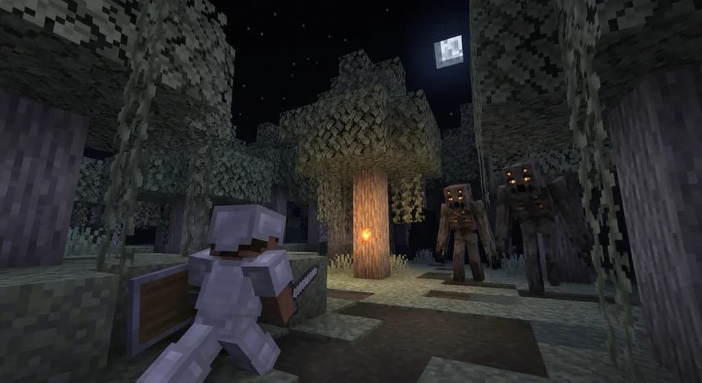 Minecraft Creaking combat in Pale Garden biome at night with glowing heart