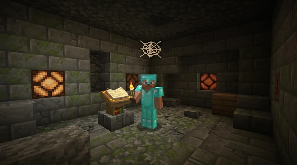 Minecraft player discovering a hidden quest in a dungeon with glowing book and treasure