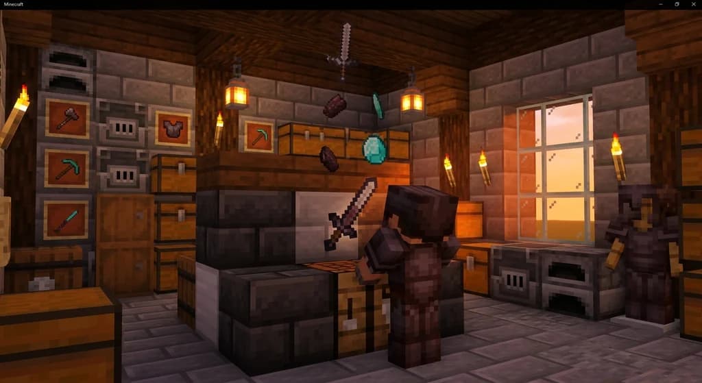 Minecraft Salvage Station dismantling a custom sword into rare crafting materials in a stone workshop.