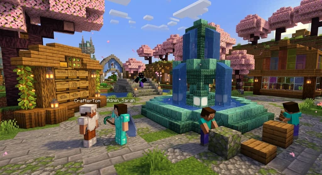 Minecraft server spawn hub with players interacting, a public staff rule board, and a staff member welcoming a new player.