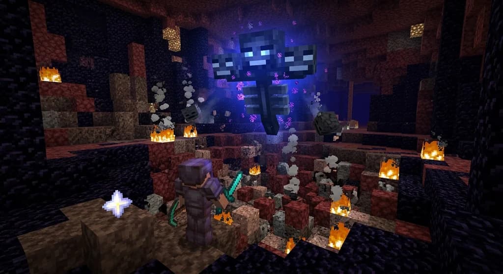 A Minecraft Wither boss with three skulls floating in an underground obsidian chamber, a Netherite-armored player wielding a sword below it, with a glowing Nether Star on the ground.