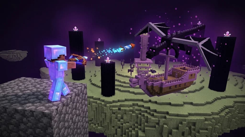 Minecraft player shooting a crossbow firework rocket at the Ender Dragon.