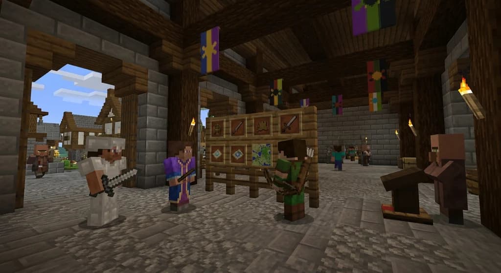 Minecraft players gathering in a medieval guild hall with a quest board, representing the guild recruitment and community experience.