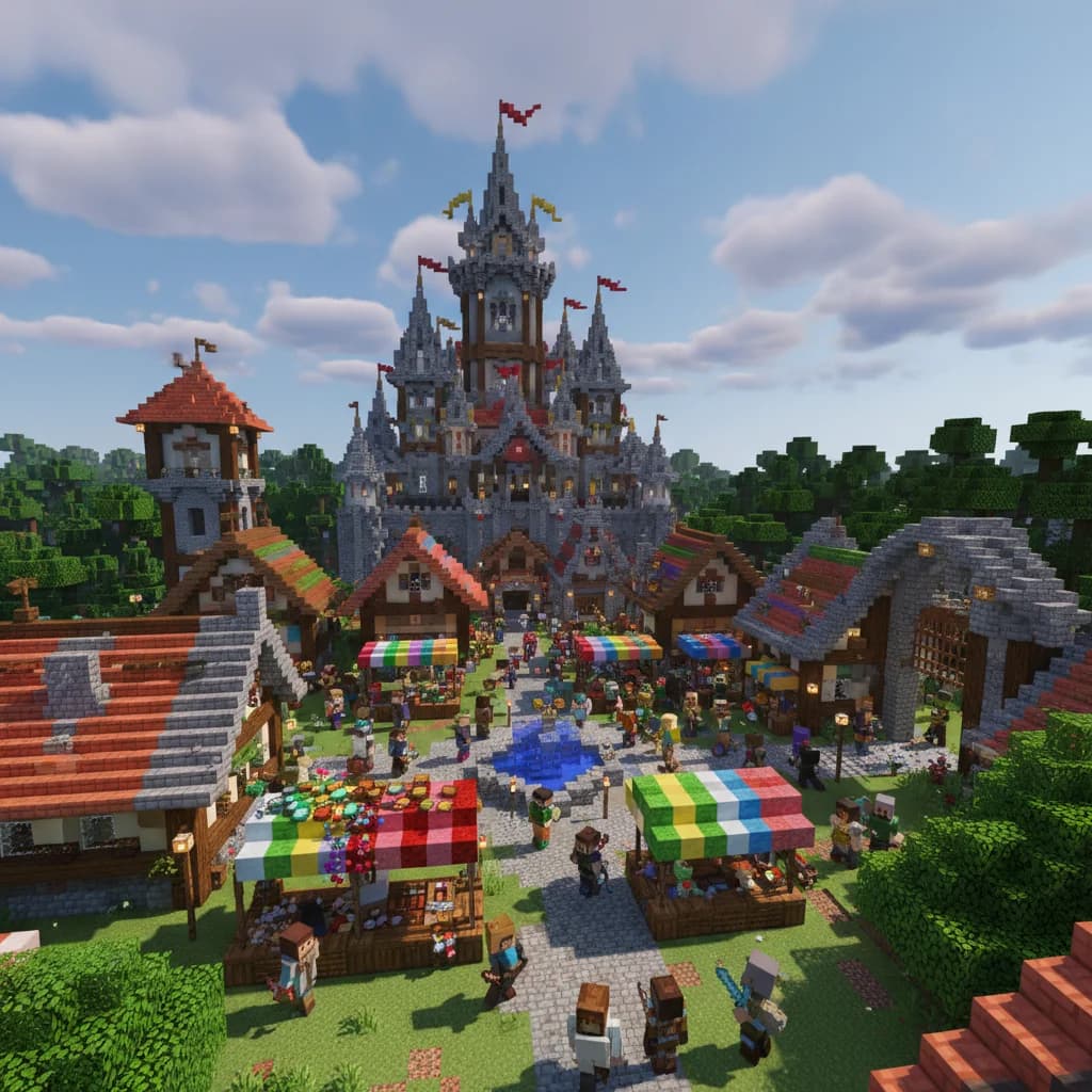 A lively Minecraft survival server spawn area showing players trading and building together.