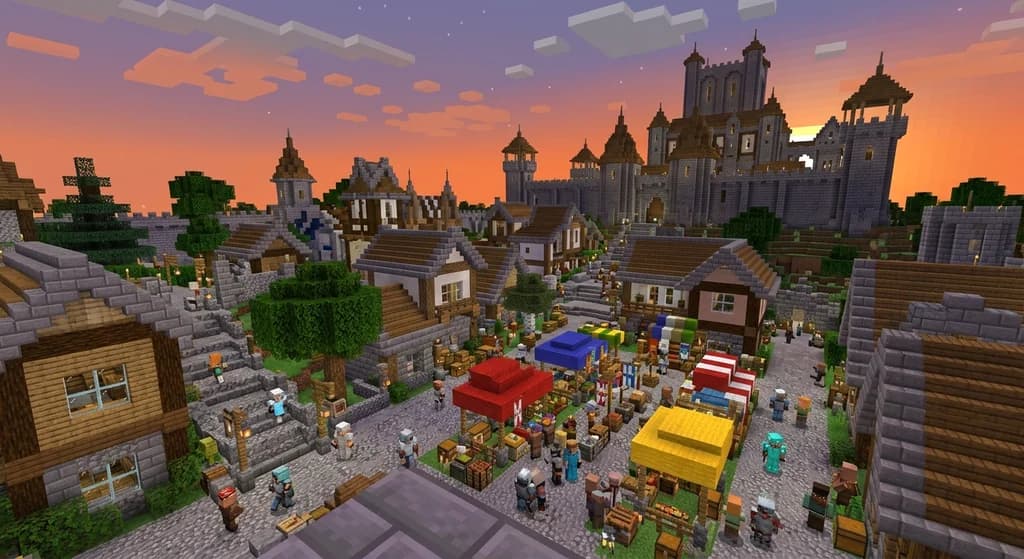 A vibrant Minecraft roleplay server hub with medieval architecture and active players