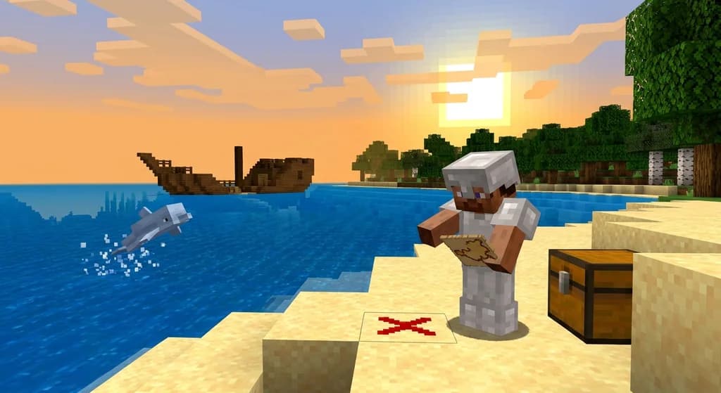 Minecraft player holding treasure map on beach with buried chest, dolphin, and shipwreck.