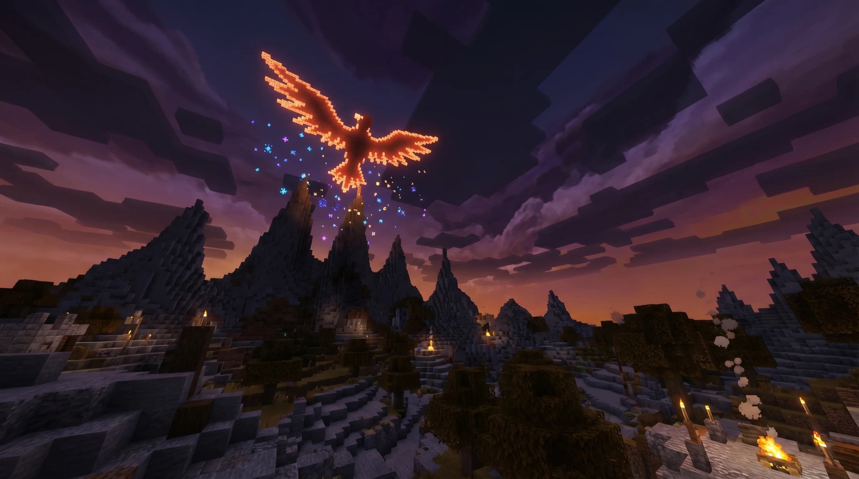 A glowing legendary Pokémon silhouette hovering over a Minecraft mountain biome at dusk in Cobblemon mod style
