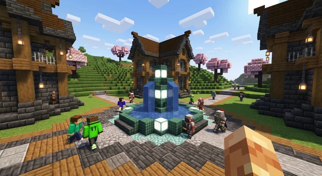 A welcoming Minecraft SMP server spawn hub with polished deepslate and oak plank architecture, multiple player characters gathered around a prismarine fountain, cherry blossom trees and green hills in the background