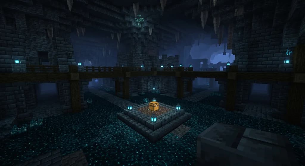 A Minecraft Ancient City built from deepslate bricks with glowing sculk blocks covering the floor, soul fire lanterns casting blue light, and a chest at the central altar surrounded by sculk shriekers.