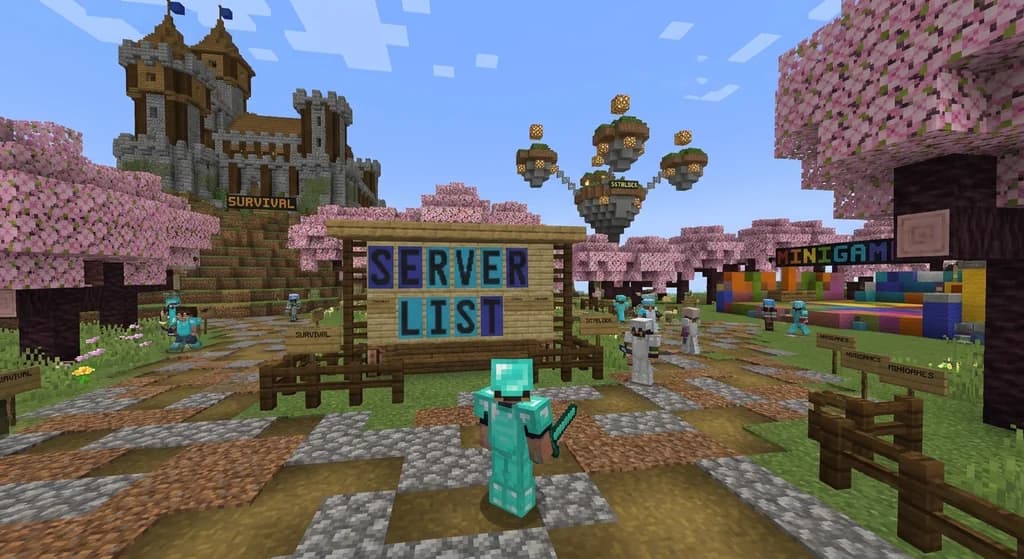 Player in diamond armor at a Minecraft server hub with a bulletin board listing free server types and pathways to different themed areas.