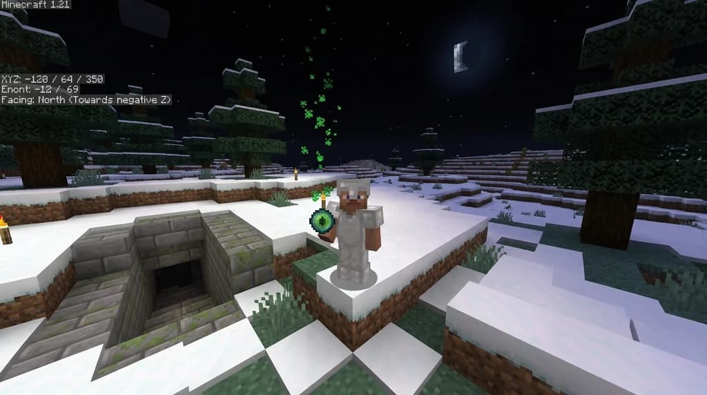 Minecraft player holding an Eye of Ender at night in a snowy biome with F3 debug screen showing coordinates and angle for stronghold triangulation